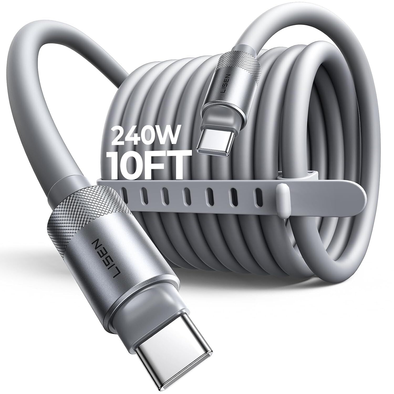 The LISEN 240W 10ft silicone USB-C cable, coiled with its silicone cable tie