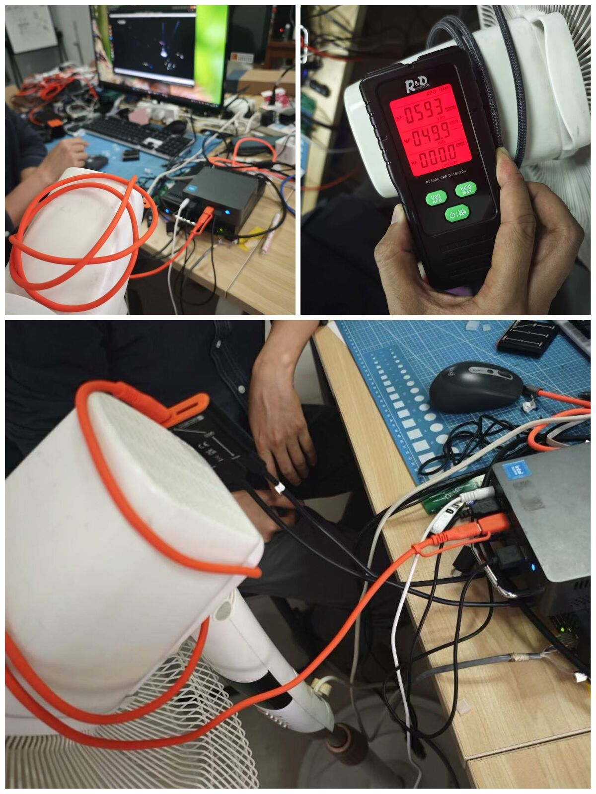 The orange silicone openterface cable in use on my desk, alongside an EMF detector measuring its interference